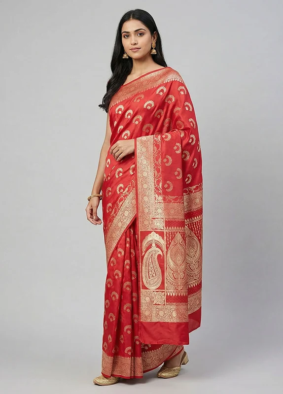 Red Banarasi Silk Saree With Blouse Piece One Size
