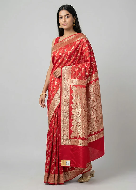 Red Banarasi Silk Saree With Blouse Piece One Size