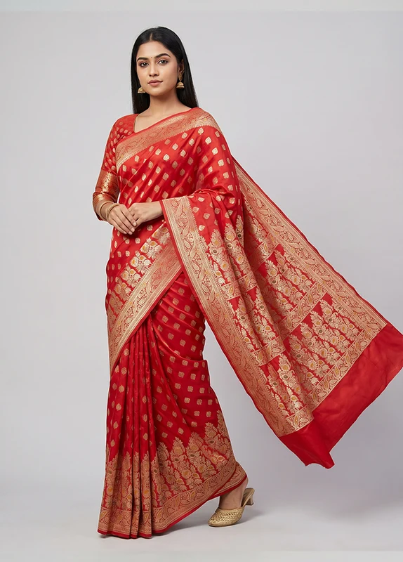Red Banarasi Silk Saree With Blouse Piece One Size