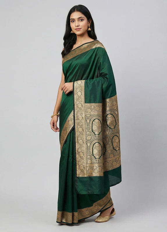 Green Banarasi Silk Saree With Blouse Piece One Size