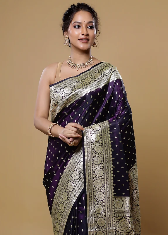 Purple Handloom Banarasi Pure Silk Saree With Blouse Piece Onesize