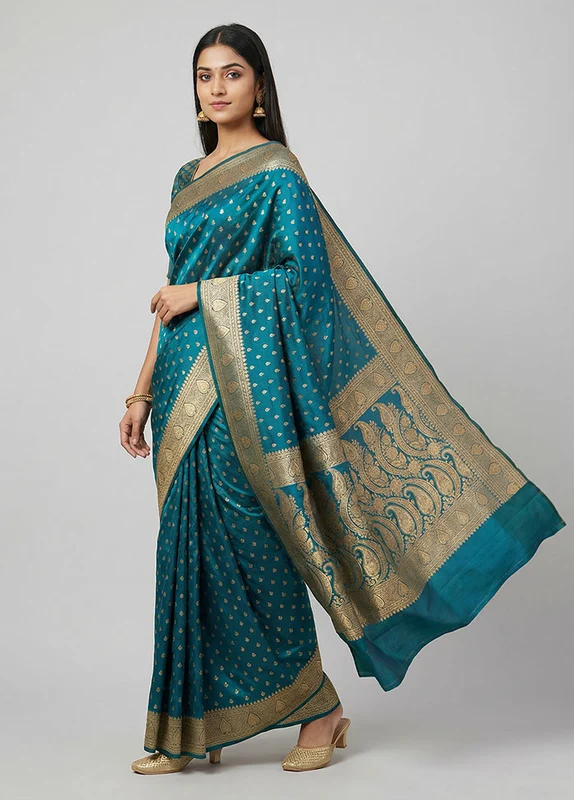 Green Handloom Banarasi Pure Silk Saree With Blouse Piece One Size