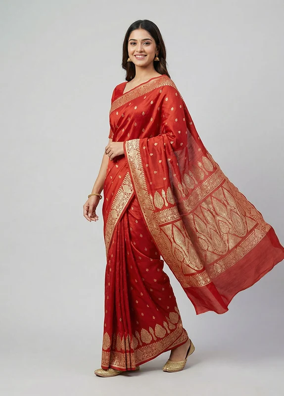 Red Handloom Banarasi Pure Silk Saree With Blouse Piece One Size