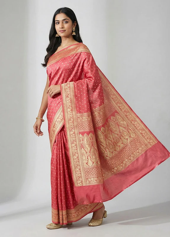Pink Handloom Banarasi Pure Silk Saree With Blouse Piece One Size