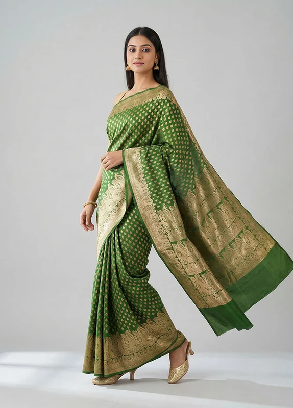 Green Handloom Banarasi Pure Silk Saree With Blouse Piece One Size