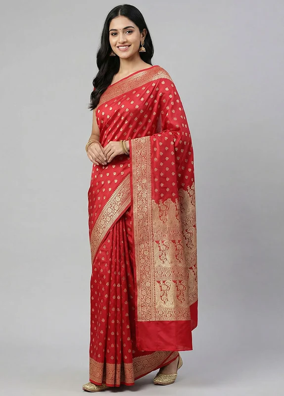Red Handloom Banarasi Pure Silk Saree With Blouse Piece One Size