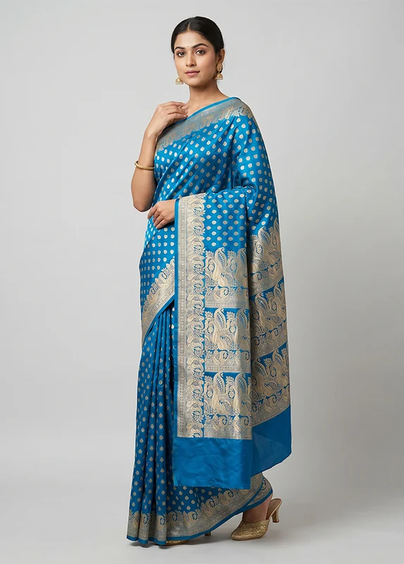 Blue Handloom Banarasi Pure Silk Saree With Blouse Piece One Size