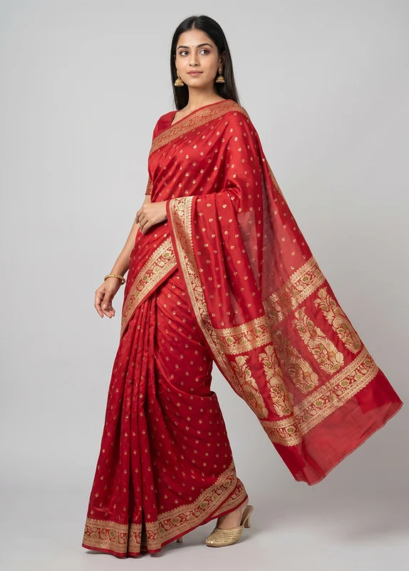 Red Handloom Banarasi Pure Silk Saree With Blouse Piece One Size