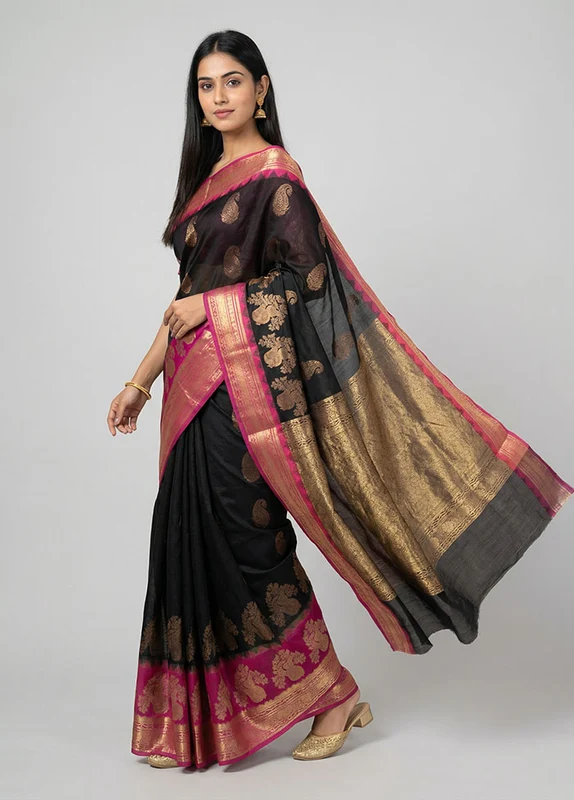 Black Cotton Saree With Blouse Piece One Size