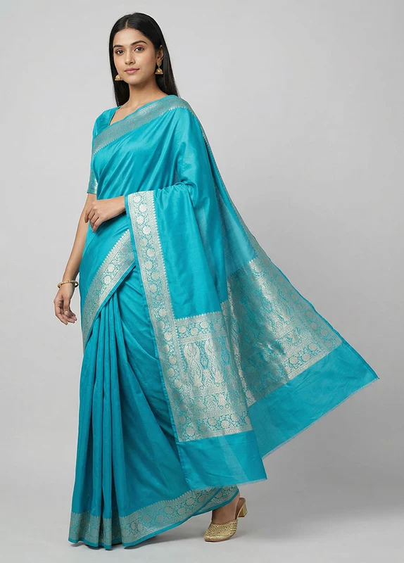 Blue Pure Cotton Saree With Blouse Piece One Size