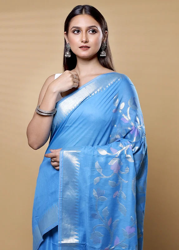 Blue Cotton Saree With Blouse Piece Onesize