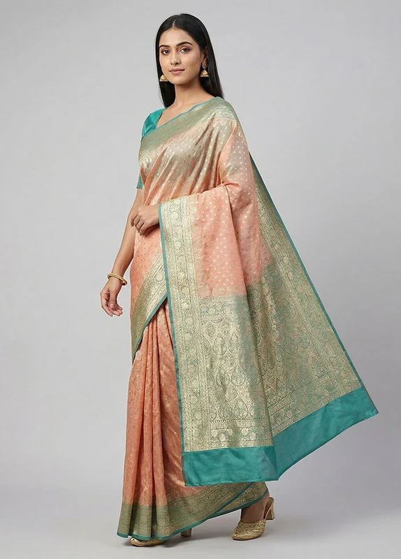 Peach Banarasi Silk Saree With Blouse Piece One Size