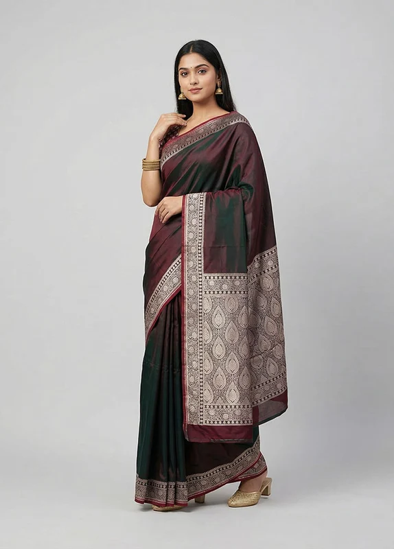 Green Banarasi Silk Saree With Blouse Piece One Size