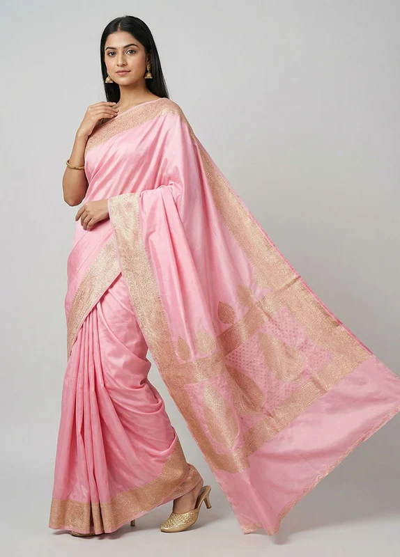 Pink Banarasi Silk Saree With Blouse Piece One Size