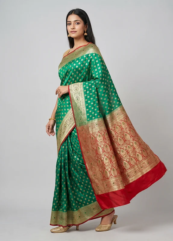 Green Tanchoi Silk Saree With Blouse Piece One Size