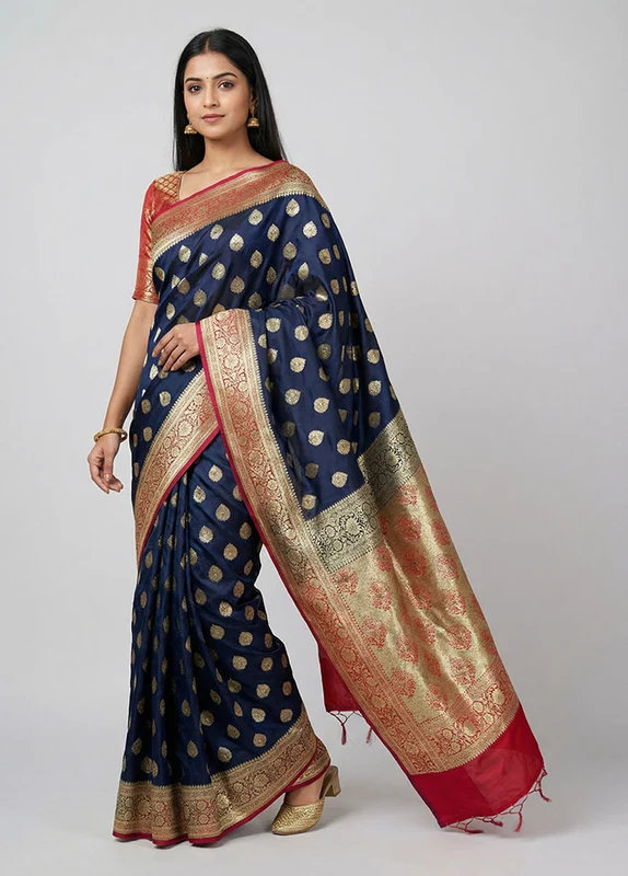 Blue Banarasi Silk Saree With Blouse Piece One Size