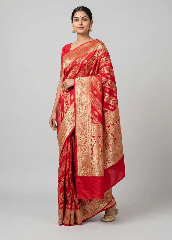 Red Banarasi Silk Saree With Blouse Piece One Size