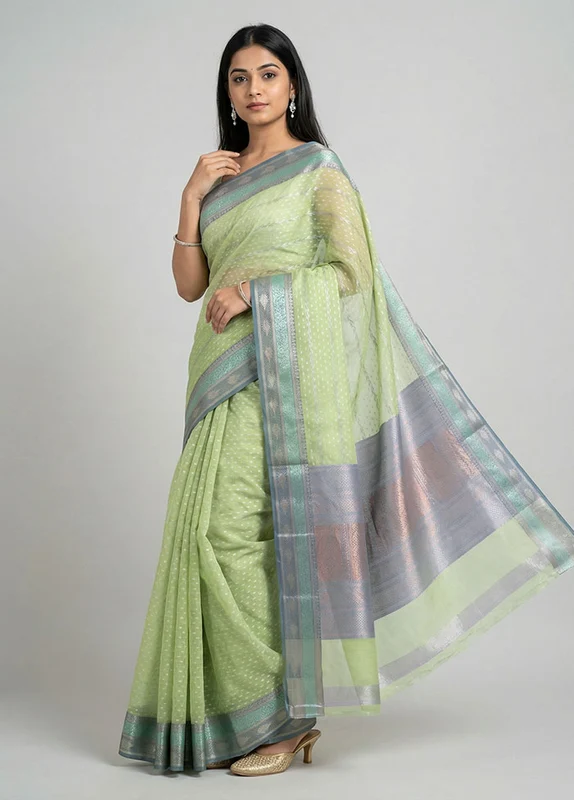 Green Organza Saree With Blouse Piece One Size