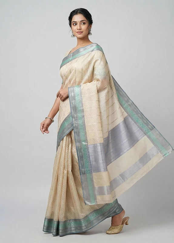 Cream Organza Saree With Blouse Piece One Size