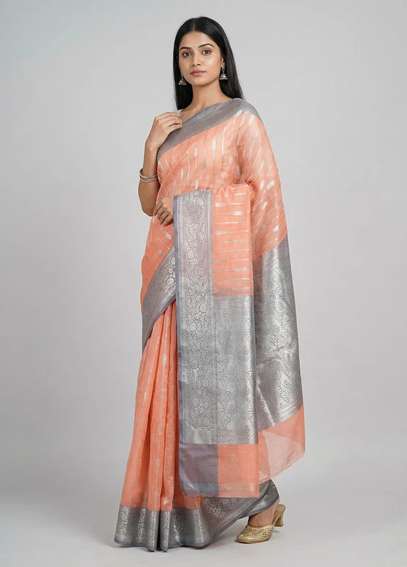 Pink Organza Saree With Blouse Piece One Size