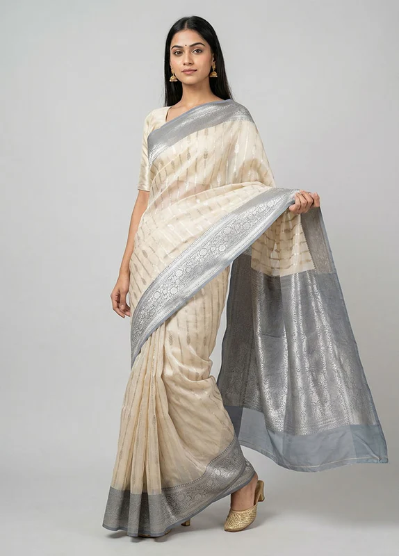 White Organza Saree With Blouse Piece One Size