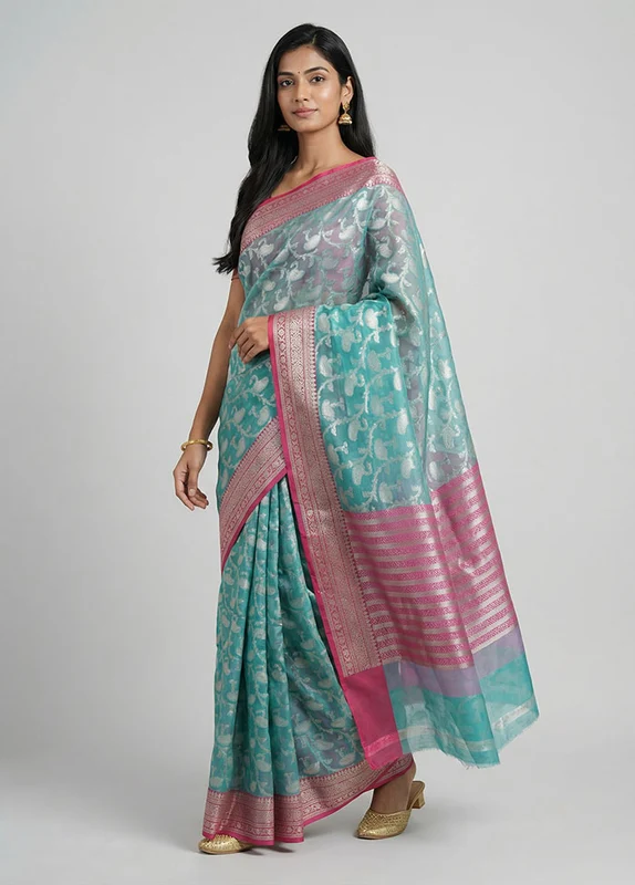 Green Organza Saree With Blouse Piece One Size