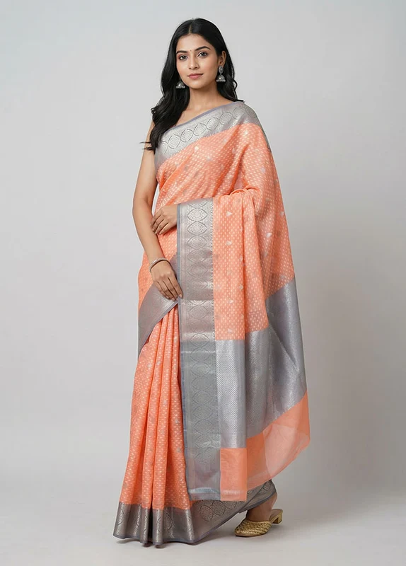 Pink Organza Saree With Blouse Piece One Size