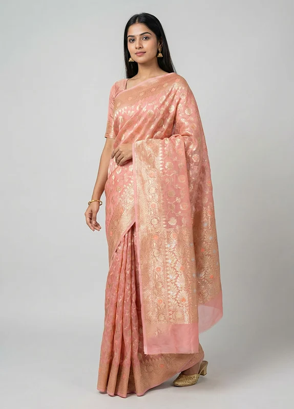 Pink Organza Saree With Blouse Piece One Size