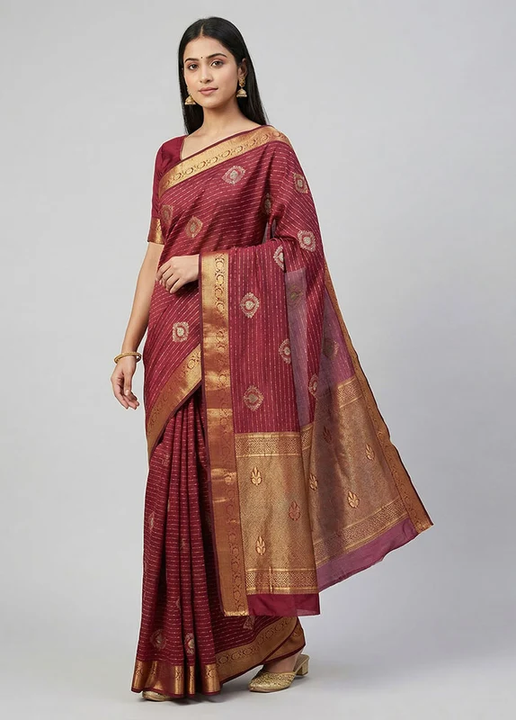 Maroon Kanjivaram Silk Saree With Blouse Piece One Size