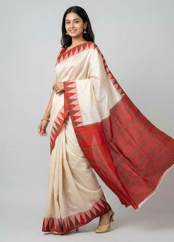 White Handloom Kanjivaram Pure Silk Saree With Blouse Piece One Size