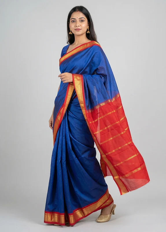 Blue Handloom Kanjivaram Pure Silk Saree With Blouse Piece One Size
