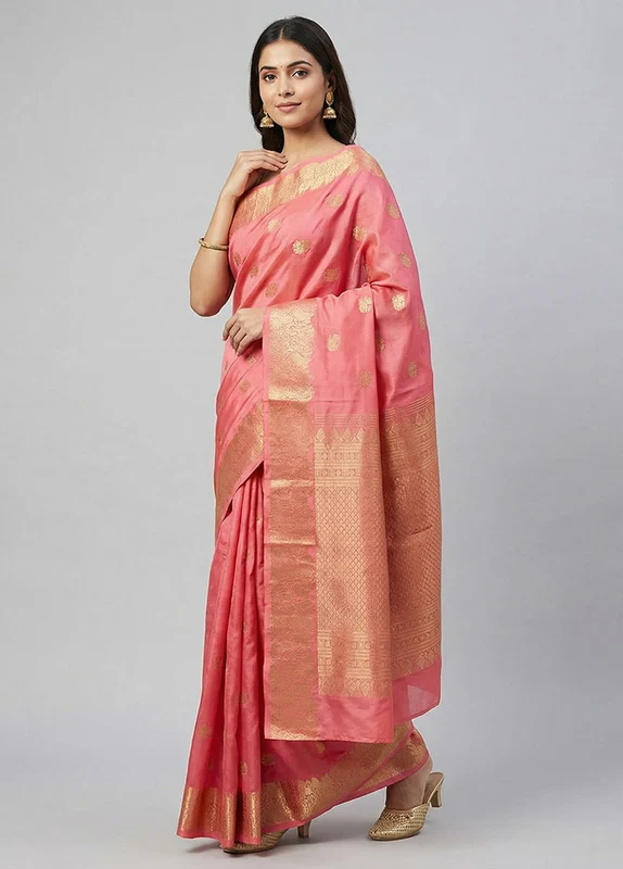 Pink Handloom Kanjivaram Pure Silk Saree With Blouse Piece One Size