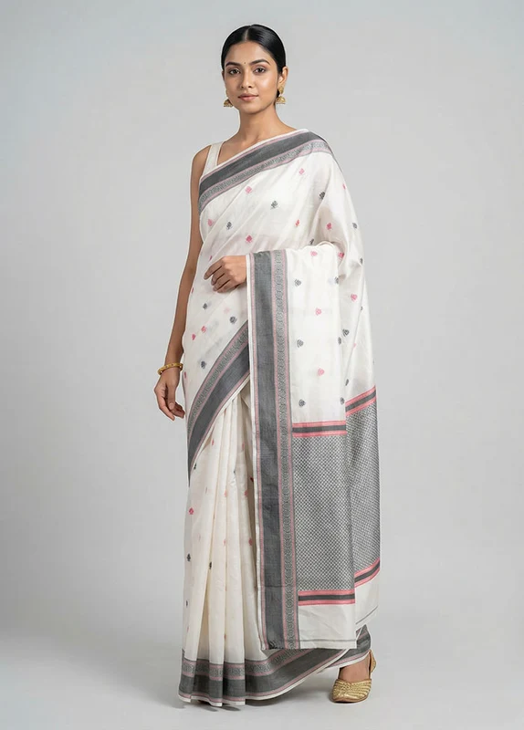 White Handloom Kanchipuram Pure Silk Saree With Blouse Piece One Size