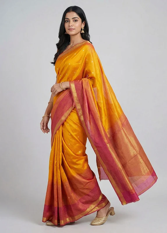 Yellow Handloom Kanjivaram Pure Silk Saree With Blouse Piece One Size