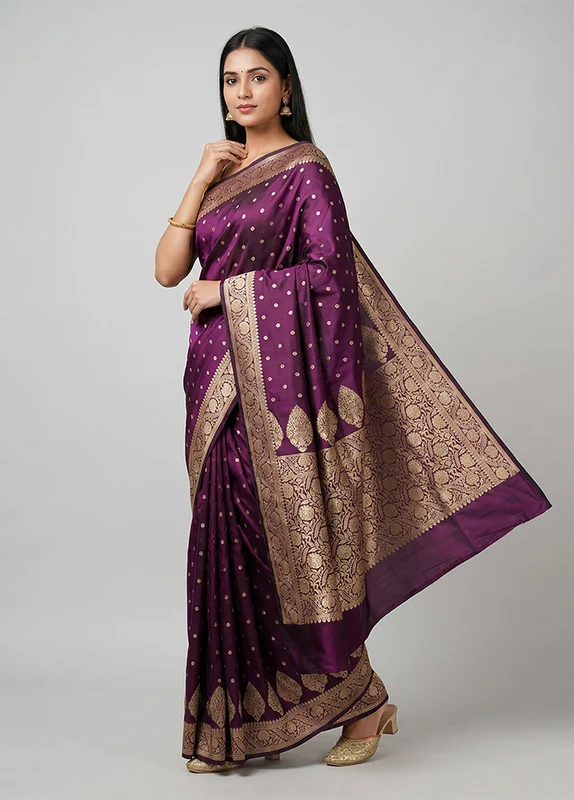Purple Handloom Banarasi Pure Silk Saree With Blouse Piece One Size