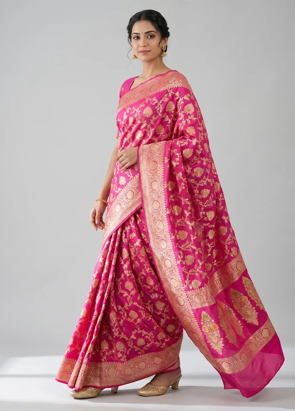 Pink Handloom Katan Pure Silk Saree With Blouse Piece One Size