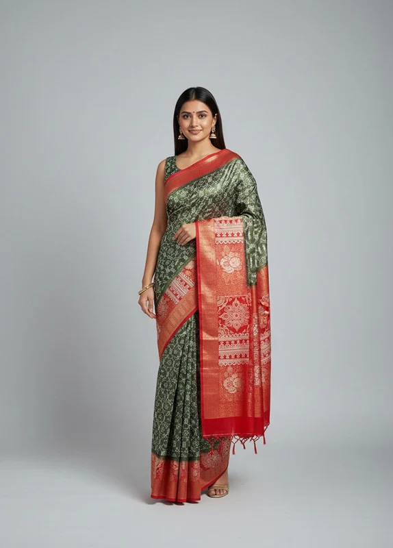 Green Dupion Silk Saree With Blouse Piece One Size