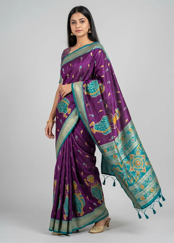 Purple Tussar Silk Saree With Blouse Piece One Size