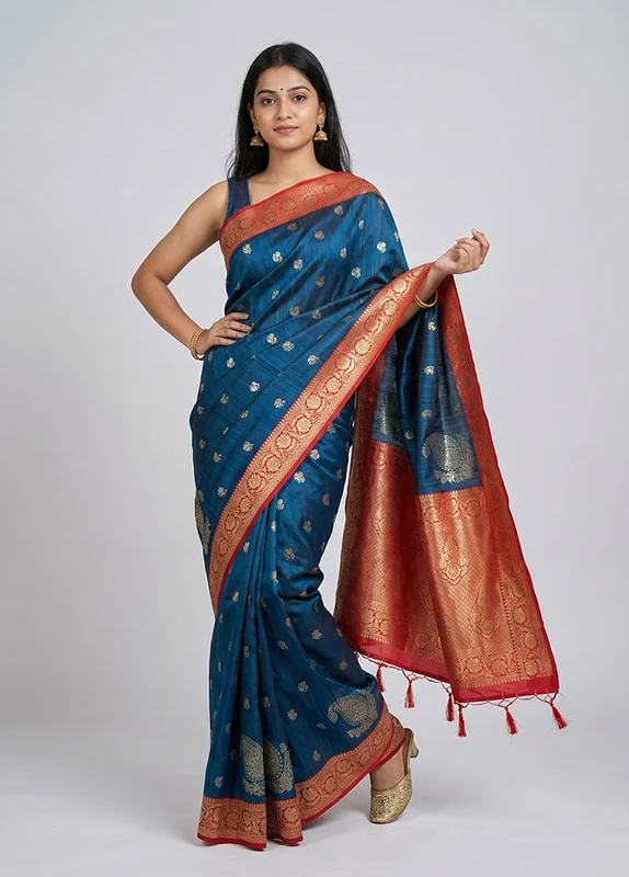 Blue Tussar Silk Saree With Blouse Piece One Size