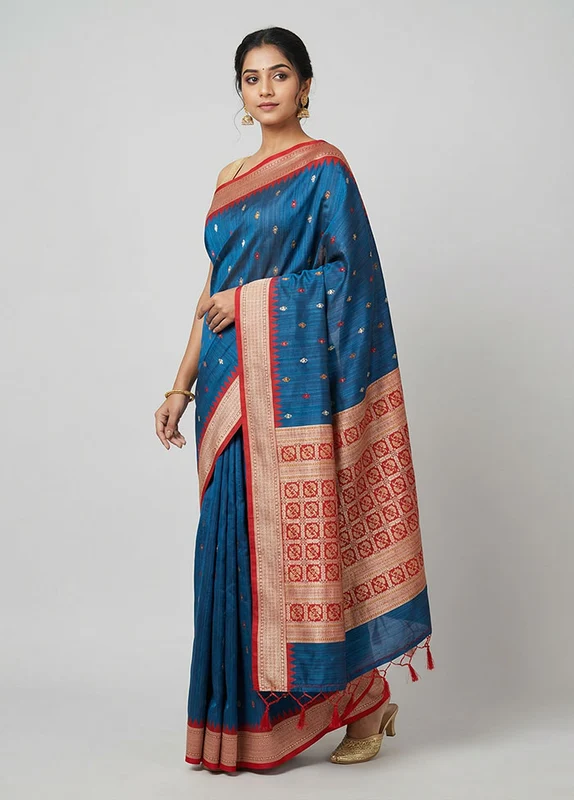 Blue Tussar Silk Saree With Blouse Piece One Size