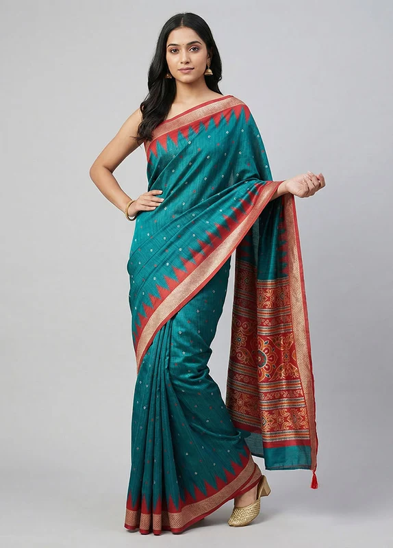 Green Tussar Silk Saree With Blouse Piece One Size