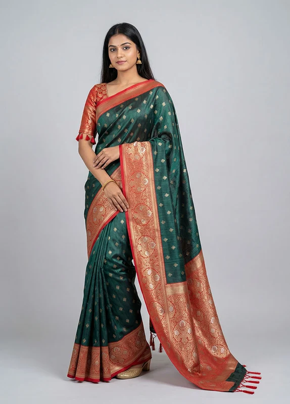 Green Dupion Silk Saree With Blouse Piece One Size