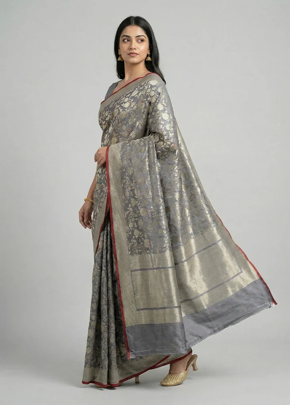 Grey Handloom Katan Pure Silk Saree With Blouse Piece One Size