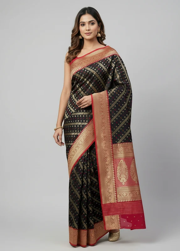 Black Handloom Katan Pure Silk Saree With Blouse Piece One Size