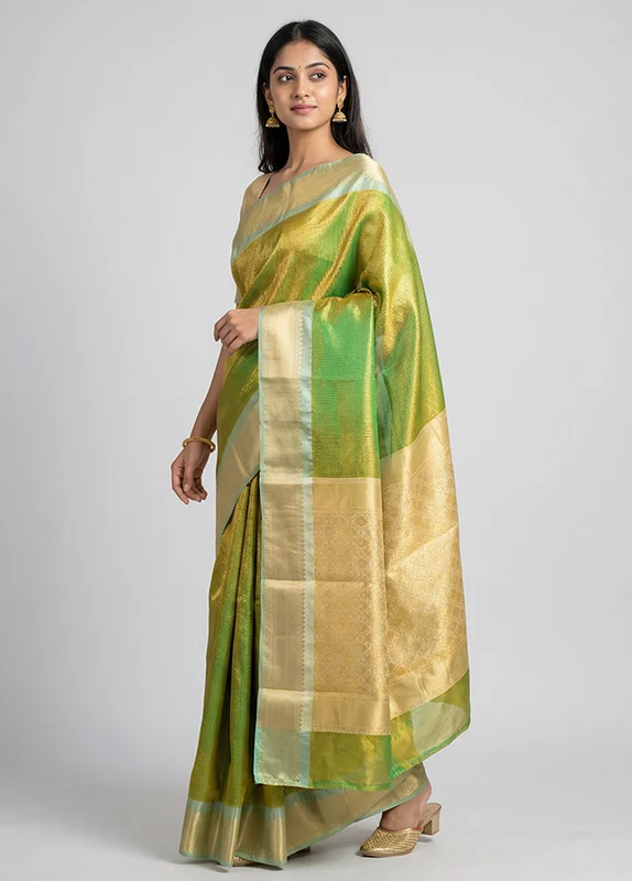 Green Tissue Silk Saree With Blouse Piece One Size