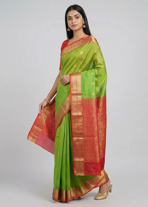 Green Handloom Kanchipuram Pure Silk Saree With Blouse Piece One Size