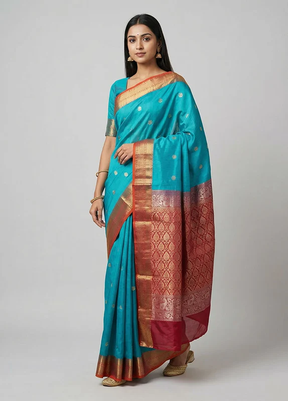 Blue Handloom Kanchipuram Pure Silk Saree With Blouse Piece One Size
