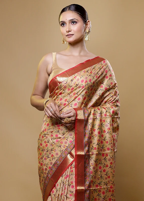 Cream Handloom Printed Pure Silk Saree Without Blouse Piece Onesize