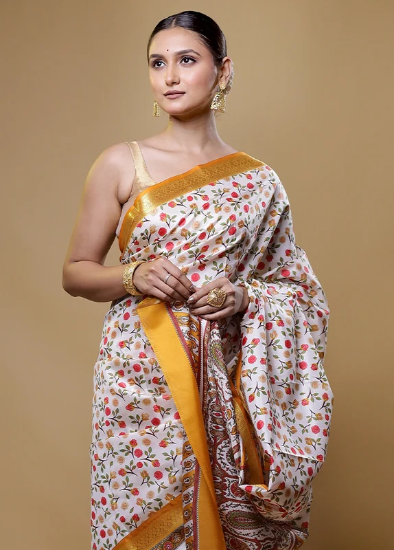 White Handloom Printed Pure Silk Saree Without Blouse Piece Onesize
