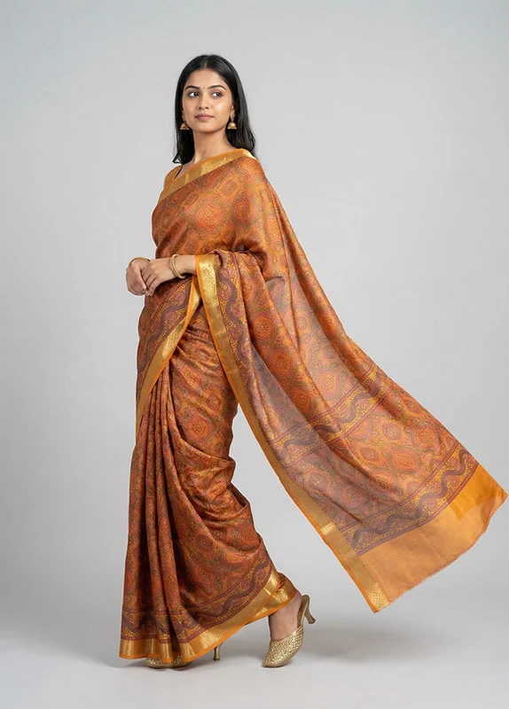 Yellow Printed Pure Silk Saree Without Blouse Piece One Size